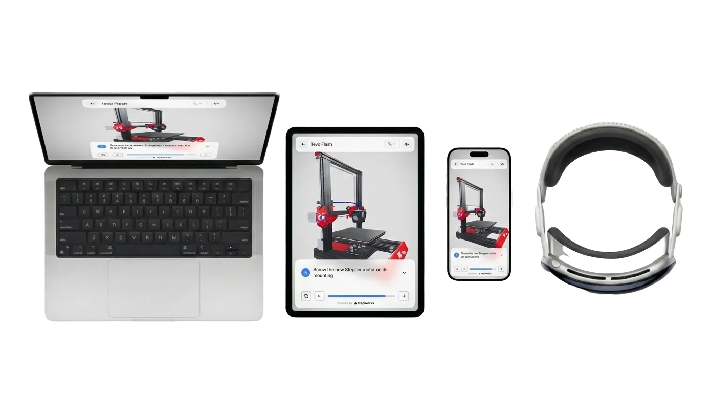 Technician accessing instructions on mobile, tablet, and AR devices